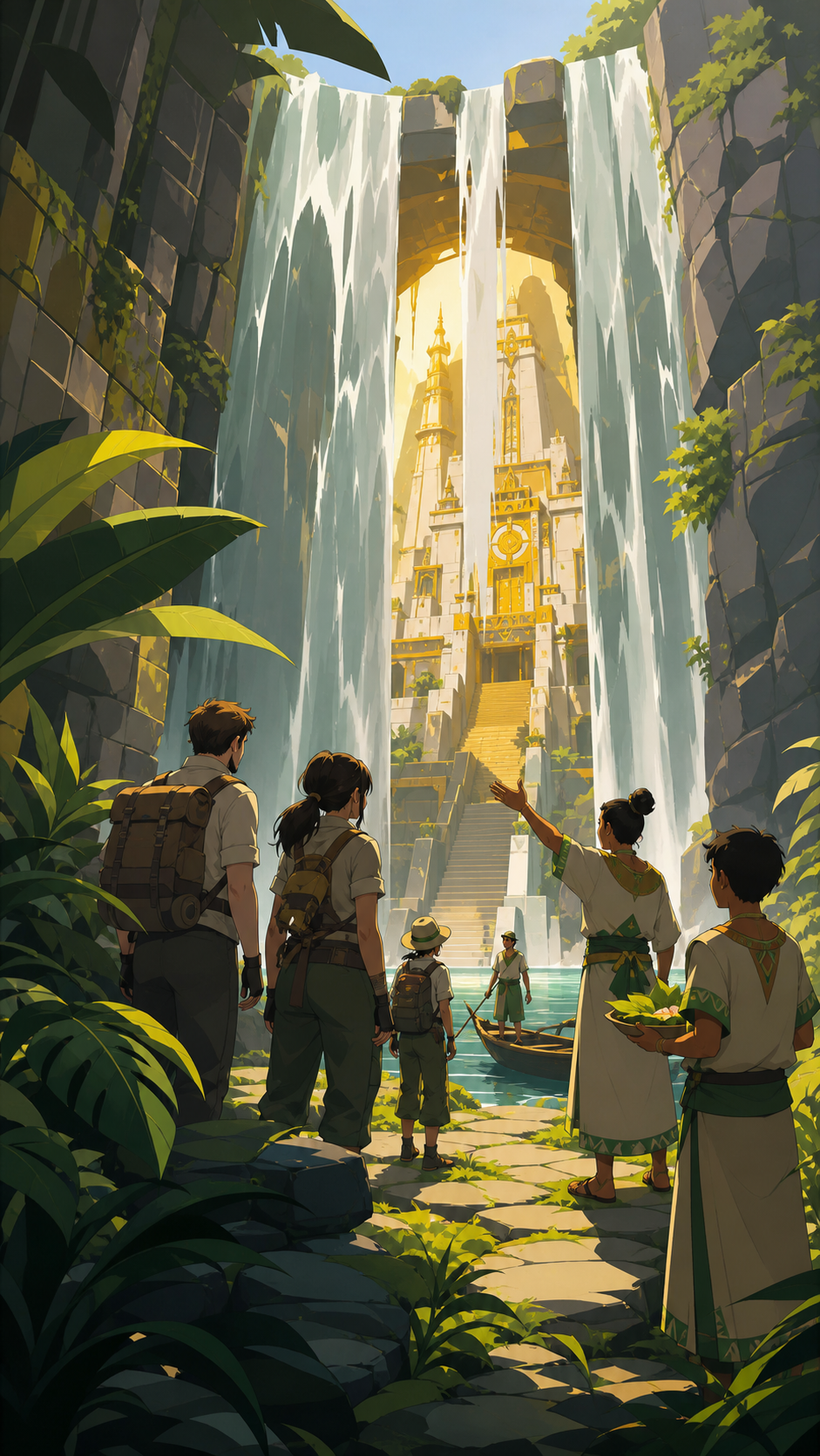 An expedition discovering a bright temple concealed behind a wide waterfall, as local guides demonstrate a familiar seasonal practice. Wide travel vista with a clear route from foreground to destination. Moss green, slat