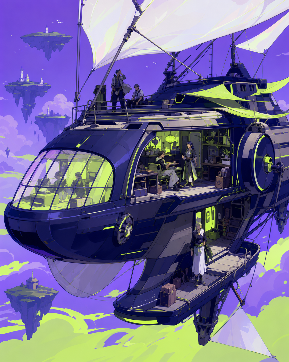 A weather-beaten airship ferry serving remote floating islands, mid-journey with passengers revealing how the vehicle is actually lived in. Grand three-quarter vehicle view embedded naturally in its route. Acid lime, ult