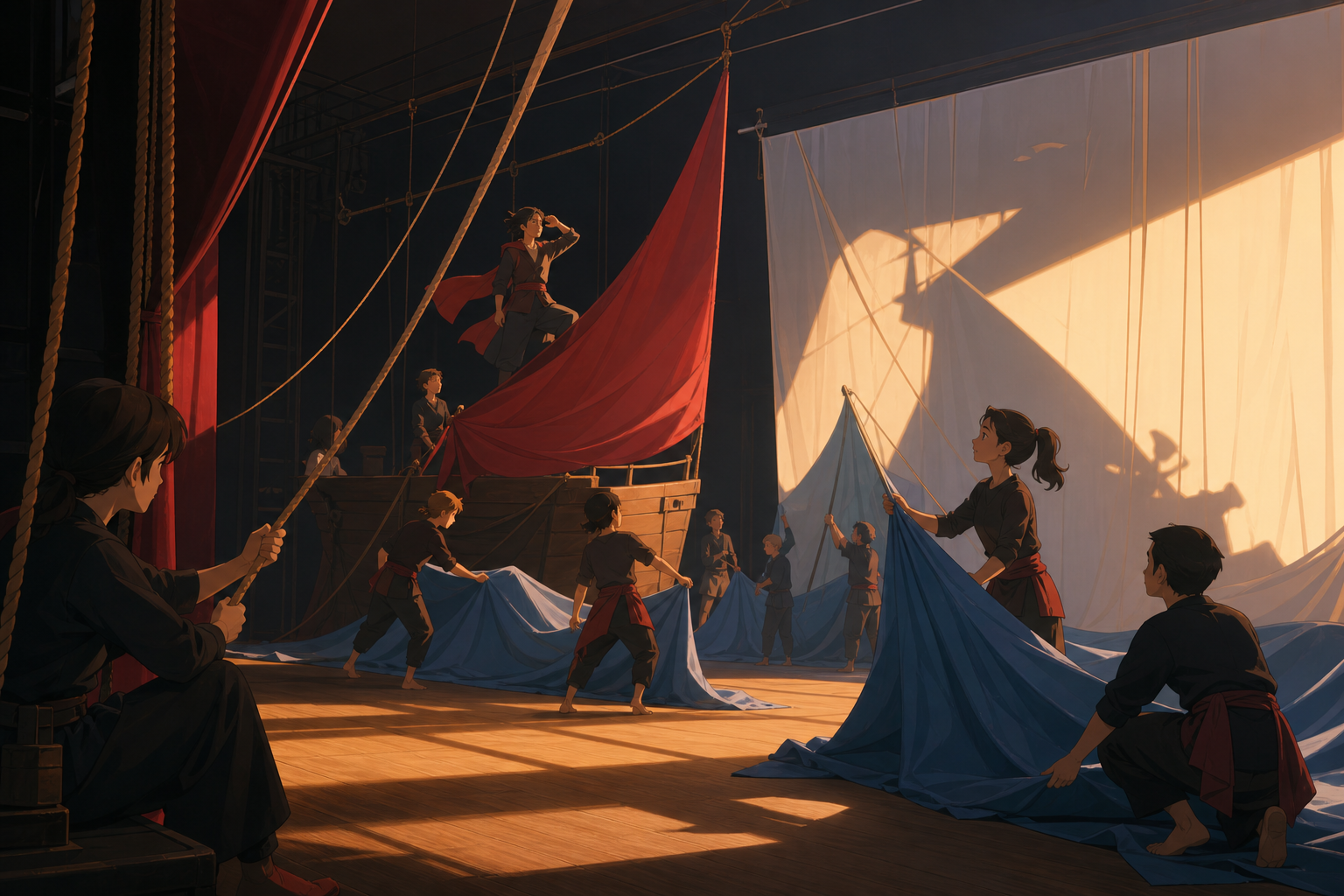 A small theater company staging an epic voyage using only fabric and practical lights, during rehearsal with visible stagecraft adding to the charm. Stage-wide composition using negative space to emphasize movement. Pine