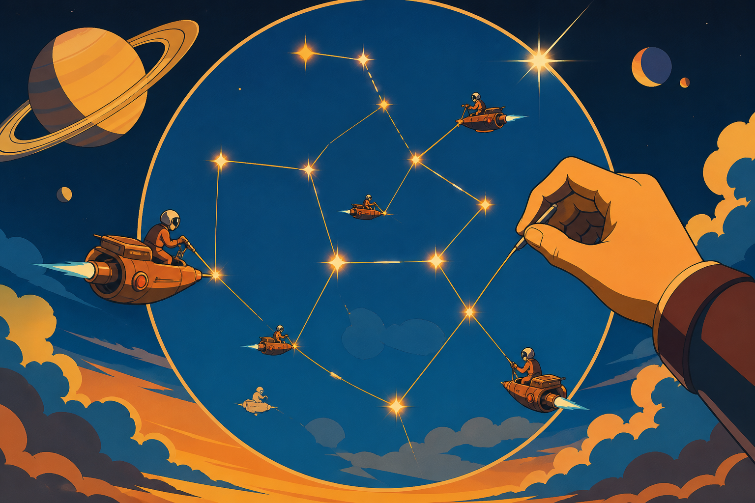 A constellation being carefully stitched back together by tiny maintenance ships, captured as a poetic visual moment rather than scientific documentation. Graphic celestial composition organized around a bold circular fo