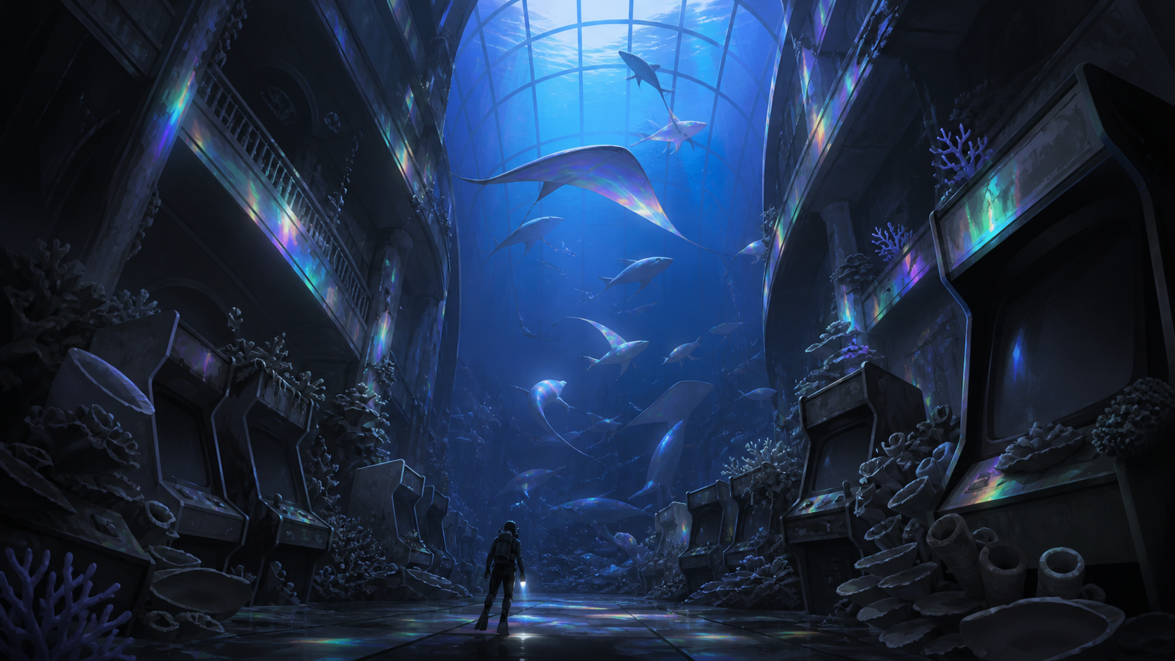 An abandoned underwater arcade slowly becoming a coral reef, as a migration of unfamiliar luminous animals passes through. Vertical descent composition with a tiny explorer providing scale. Monochrome graphite with selec