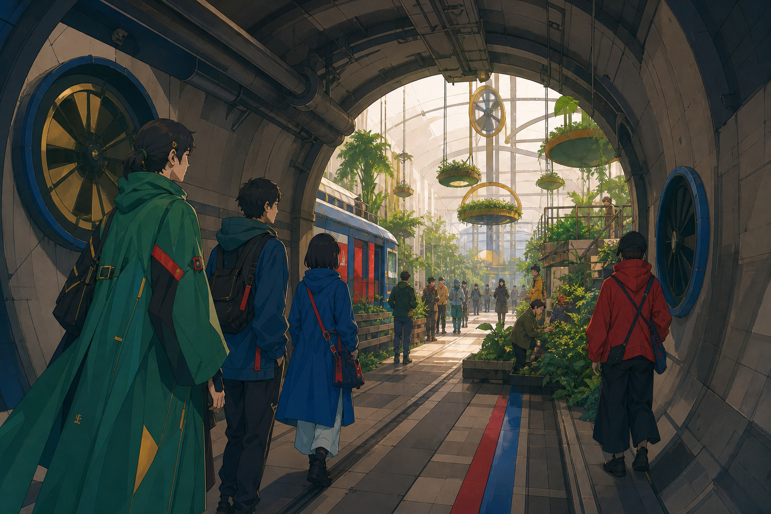 Community organizers turning a utility chamber into a public greenhouse, as visitors discover the space for the first time. Long tunnel perspective opening into a bright social space. Emerald, stained-glass ruby, lapis, 