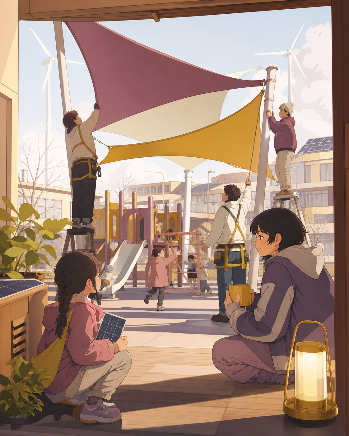 Schoolchildren helping install shade panels over a public playground, at the completion of a small project that visibly improves daily life. Human-scale street scene where technology feels ordinary and useful. Muted rose