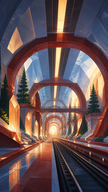 An underground railway cathedral carved from luminous salt, shown empty just before its inhabitants wake. Architectural hero view with controlled symmetry and deep spatial layers. 