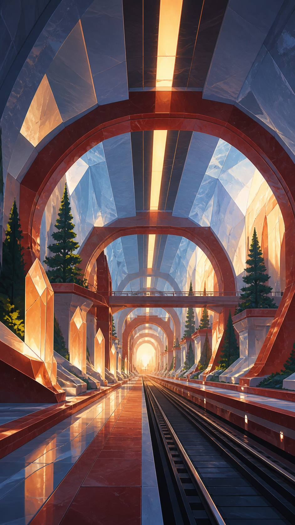 An underground railway cathedral carved from luminous salt, shown empty just before its inhabitants wake. Architectural hero view with controlled symmetry and deep spatial layers. Pine black, snow blue, cedar red, and la