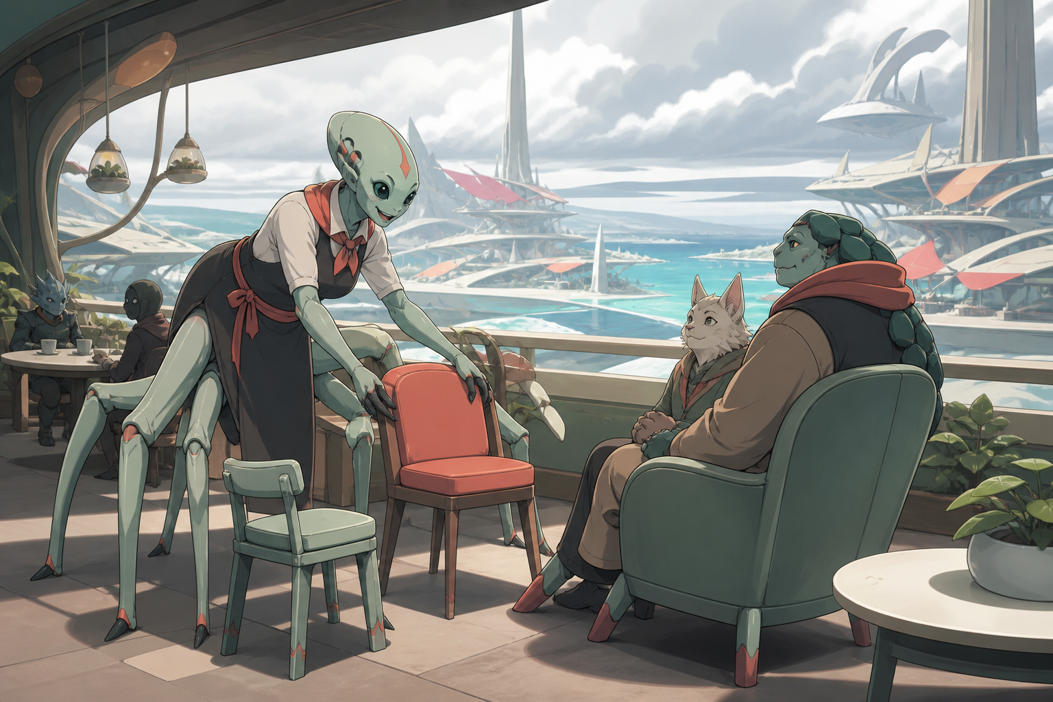 A many-legged café owner arranging chairs for several body shapes, during a relatable ordinary problem in an unfamiliar society. Intimate two-group exchange with the unusual environment visible beyond. Sea-glass green, f