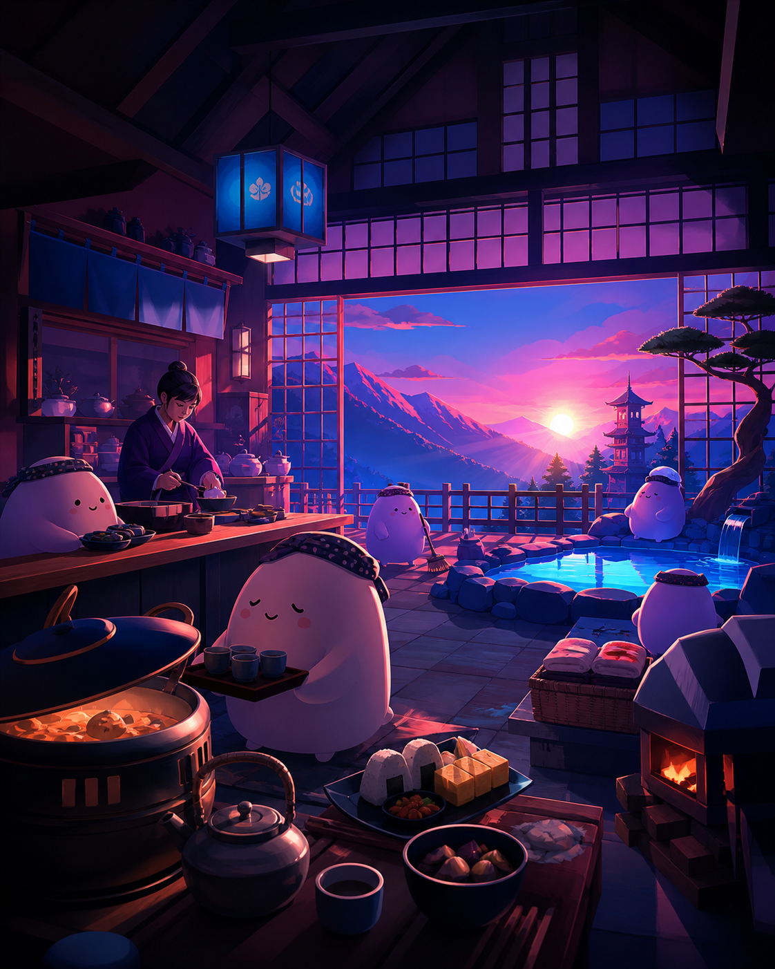 A sleepy mountain bathhouse managed by polite round spirits, at sunrise while breakfast and tea are being prepared. Inviting room-wide composition with several discoverable details. Saturated magenta, electric cyan, deep