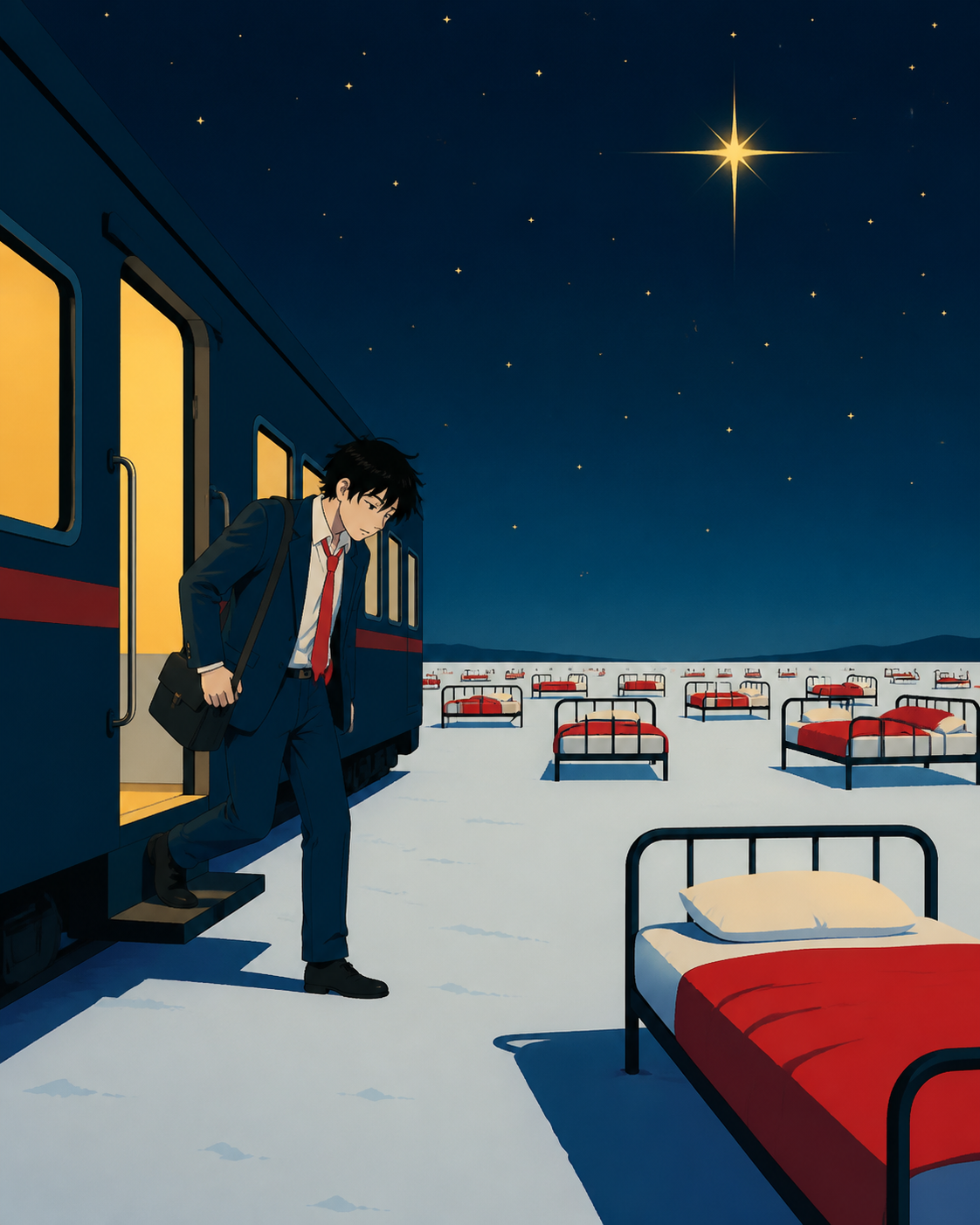 An exhausted worker stepping off a train into a calm field of beds, during an ordinary action whose symbolic meaning is immediately legible. Wide quiet frame with meaningful negative space. Pine black, snow blue, cedar r