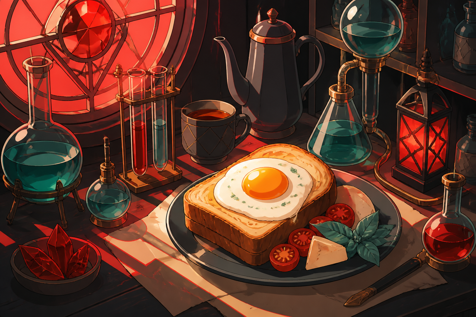 A traveling alchemist's breakfast arranged among curious glass instruments, lit for a magical late-night café menu without any written text. Carefully composed tabletop still life viewed slightly from above. Vermillion, 