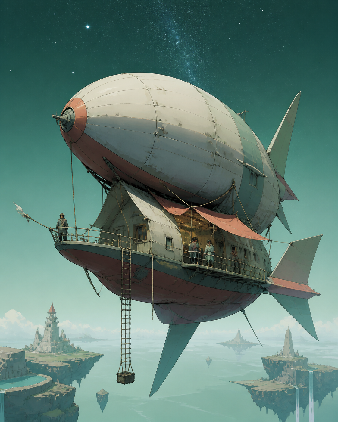 A weather-beaten airship ferry serving remote floating islands, mid-journey with passengers revealing how the vehicle is actually lived in. Grand three-quarter vehicle view embedded naturally in its route. Sea-glass gree