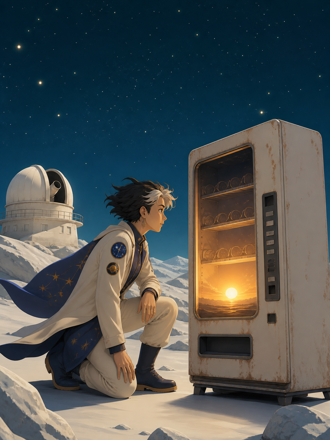 An adult nonbinary astronomer with a patched observatory uniform, discovering a tiny sunrise glowing inside an abandoned vending machine. Cinematic medium-wide frame with the environment carrying half the story. Saffron,