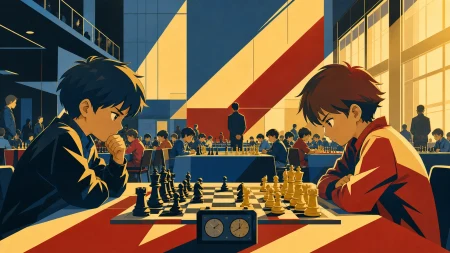 Young chess players facing one another inside a busy community hall, during a fair supervised competition centered on skill and friendship. Reaction-focused ensemble with the compe