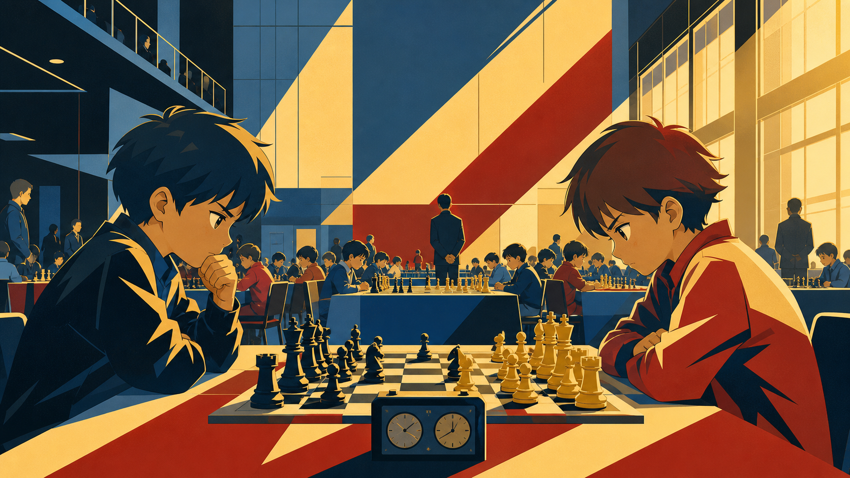 Young chess players facing one another inside a busy community hall, during a fair supervised competition centered on skill and friendship. Reaction-focused ensemble with the competition visible beyond. Pine black, snow 