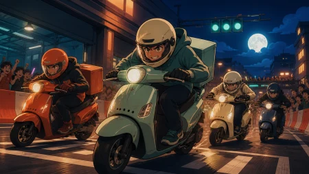 Delivery scooters weaving through a playful closed-course city race, during a legal night event with spectators safely behind barriers. Starting-grid composition centered on driver