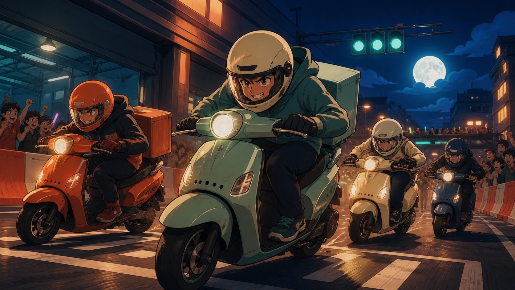 Delivery scooters weaving through a playful closed-course city race, during a legal night event with spectators safely behind barriers. Starting-grid composition centered on driver emotion and machine shape. Moonlit indi