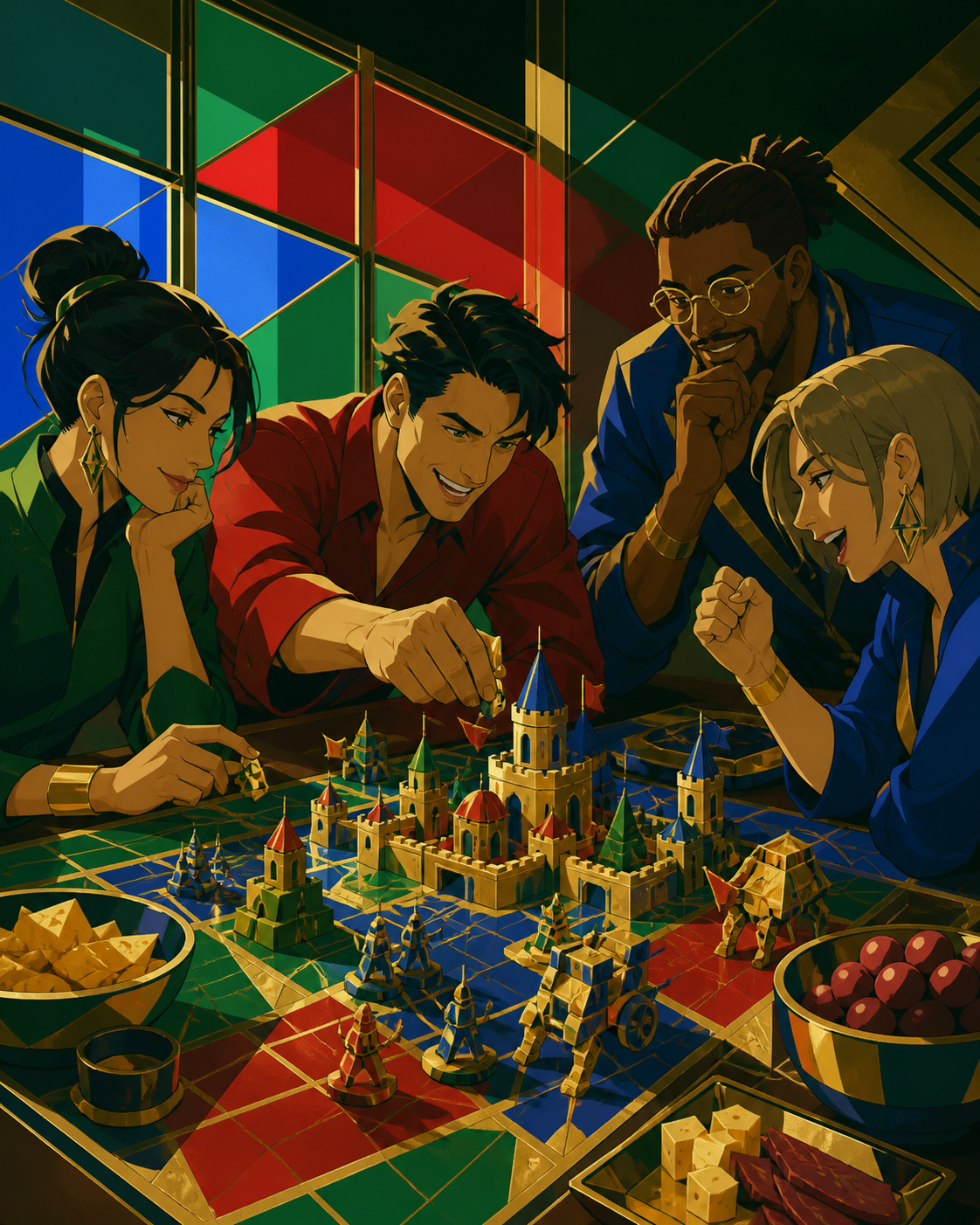 Adult friends playing a strategy board game whose pieces build a tiny moving kingdom, shown through reactions and relationships rather than a view of the rules. Table-level ensemble frame with faces and game equally read