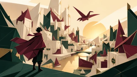A city assembled entirely from folded memories represented as translucent paper, expressed as a visually coherent editorial artwork with no written explanation. Bold gallery-poster