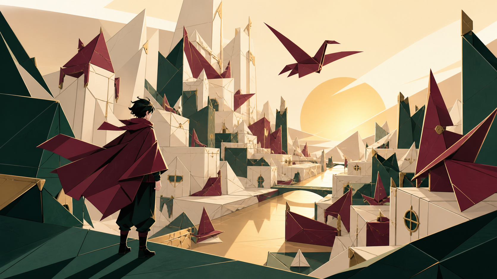 A city assembled entirely from folded memories represented as translucent paper, expressed as a visually coherent editorial artwork with no written explanation. Bold gallery-poster composition with no typography. Burgund
