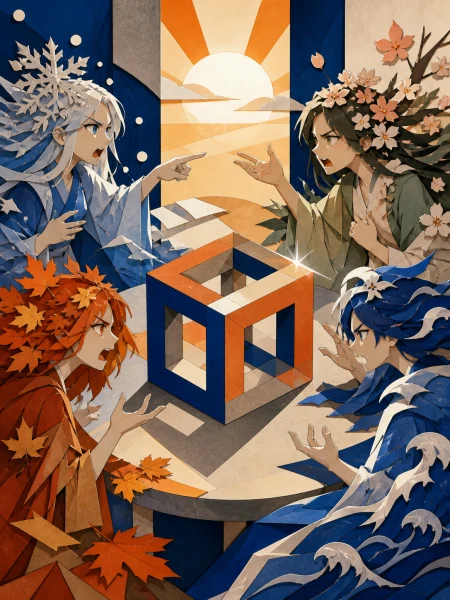 The four seasons arguing around a kitchen table through symbolic forms, using one impossible transformation as the central visual rule. Carefully staged surreal tableau with a sing