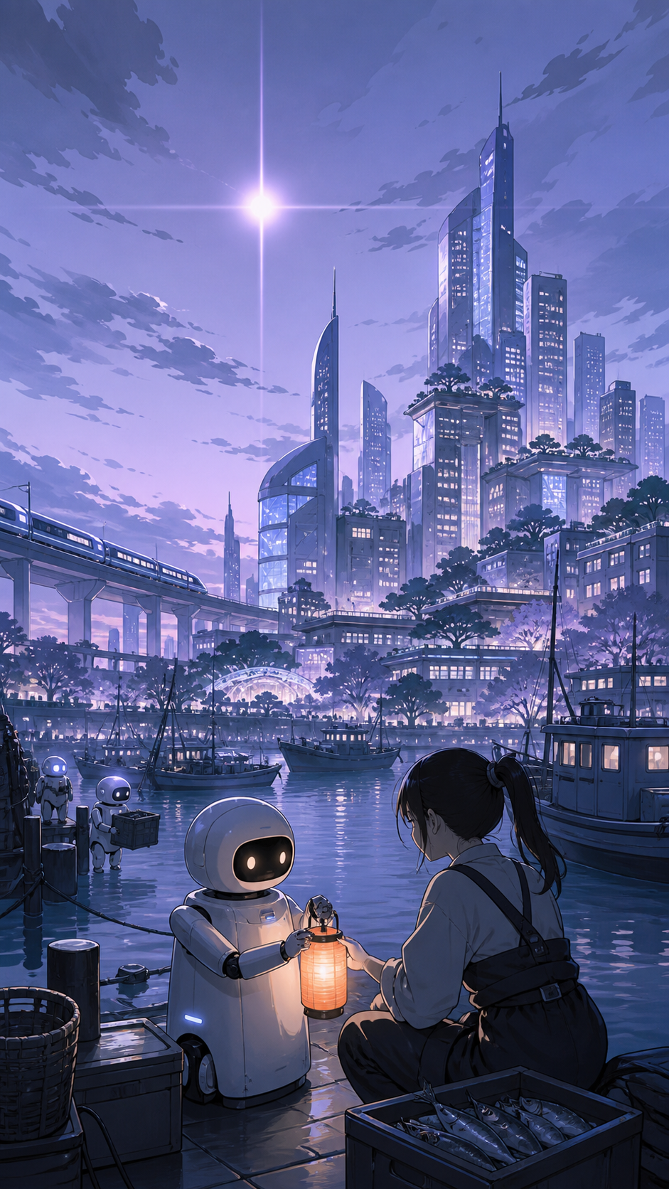 A neon harbor where fishing boats coexist with gentle service robots, during the blue hour as thousands of windows begin to glow. Grand city panorama balanced by one intimate foreground detail. Pale lavender, icy blue, g
