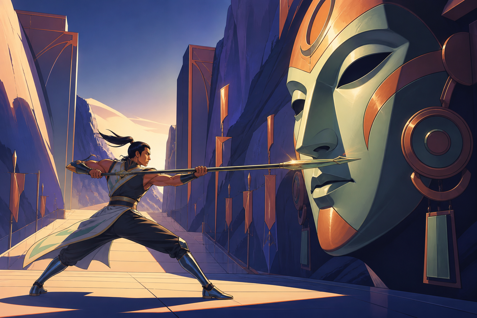 An adult spear dancer holding a mountain pass against a giant ceremonial mask, during a high-stakes task centered on protection rather than destruction. Wide action frame with a single unmistakable movement direction. Mo
