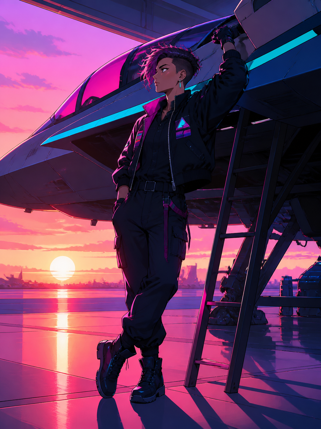 An adult nonbinary spacecraft mechanic wearing a patched flight jacket, captured during one unguarded moment in their workplace. Confident full-body editorial portrait with a strong graphic silhouette. Saturated magenta,