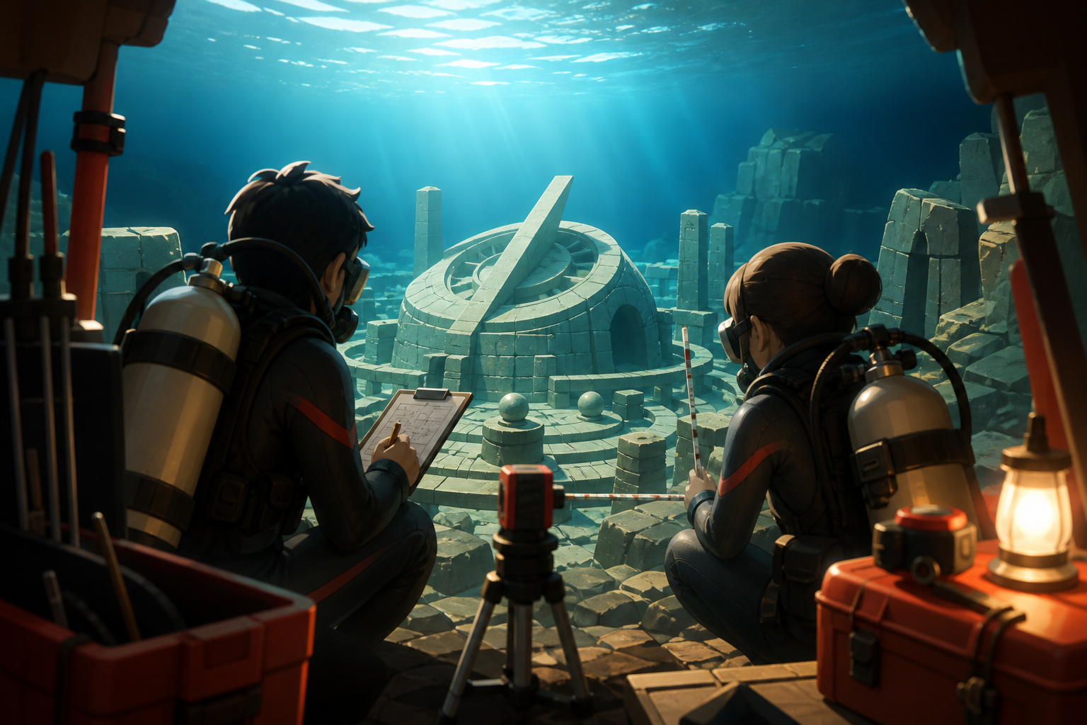 Two adult divers documenting a stone observatory beneath a clear inland lake, during patient fieldwork rather than treasure-hunting spectacle. Over-the-shoulder reveal framed by excavation equipment. Vermillion, charcoal