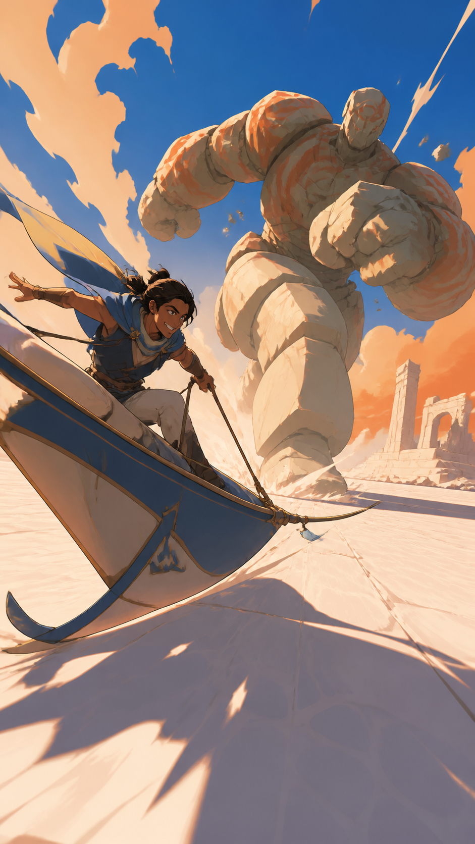 An adult wind rider racing a sand golem across an open salt plain, shown through skillful movement and environmental interaction. Dynamic low-angle view preserving clear silhouettes. Cobalt, persimmon orange, warm concre