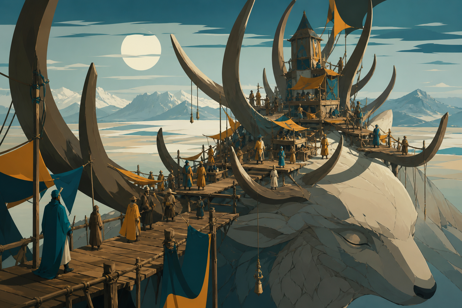 A moonlit market built across the antlers of a sleeping forest god, seen during the first morning after a century-long winter. Epic establishing shot with a clear visual path into the world. Saffron, peacock blue, dark u