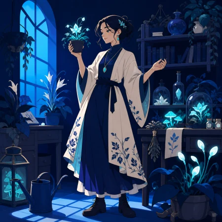 An adult woman florist who quietly cultivates supernatural plants, surrounded by a few objects that quietly reveal their history. Confident full-body editorial portrait with a stro