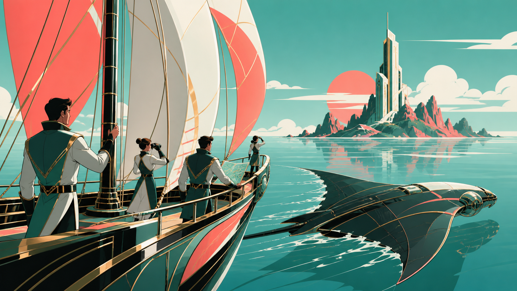 A small research crew sailing beside a vast mechanical manta ray, during a clear day when the route becomes unexpectedly unfamiliar. Wide maritime view placing vessel and destination in clear relation. Celadon, coral pin