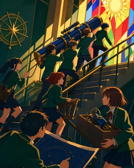 The astronomy club carrying a telescope up too many stairs, during organized chaos where every member has a clear task. Room-wide ensemble composition organized around the club act