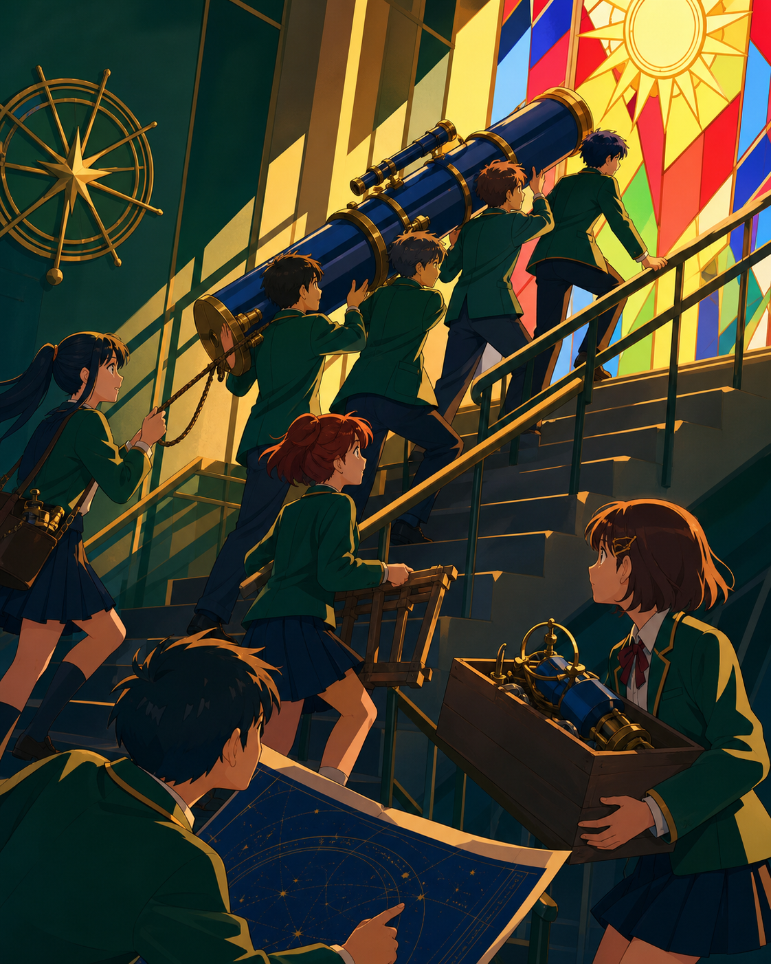 The astronomy club carrying a telescope up too many stairs, during organized chaos where every member has a clear task. Room-wide ensemble composition organized around the club activity. Emerald, stained-glass ruby, lapi