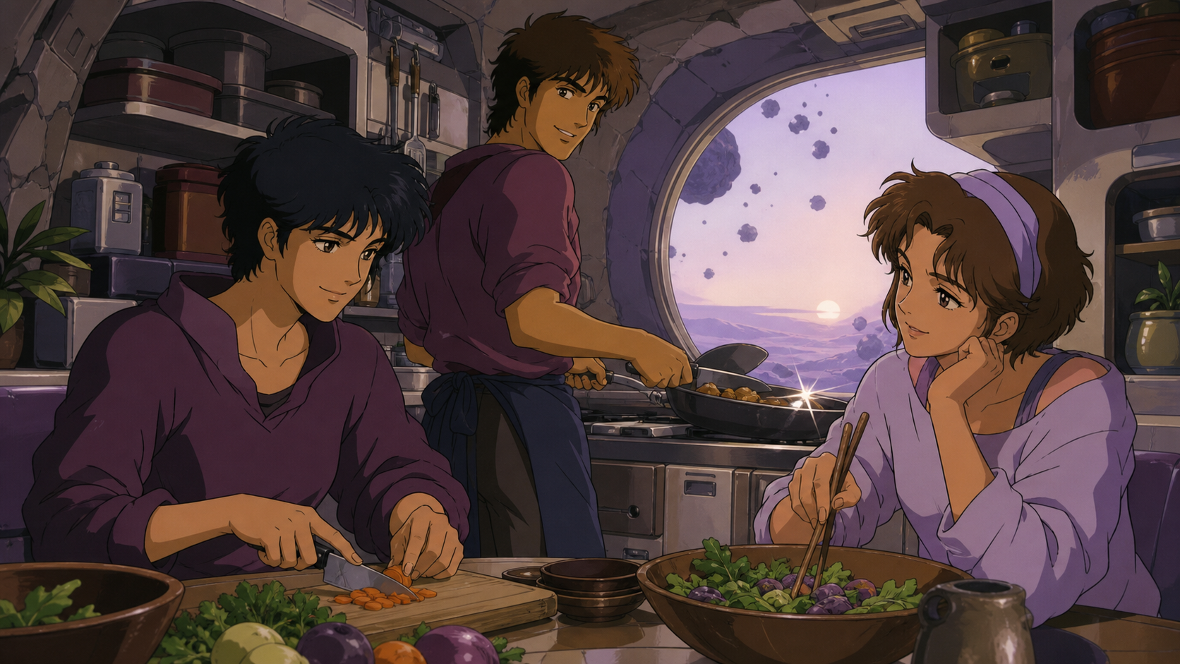 A family of adult siblings preparing dinner in their inherited asteroid home, shown as ordinary domestic life in an extraordinary location. Intimate table-level composition anchored by a shared everyday task. Mulberry, t
