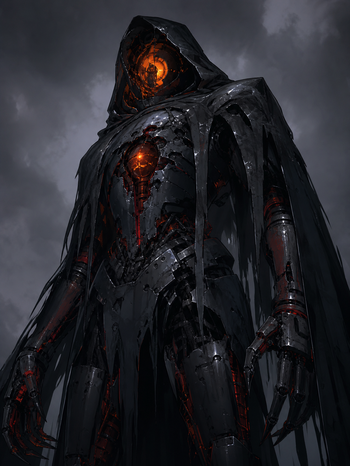 digital painting of a dark menacing robot with a hooded tattered cloak. The robot's head is partially open revealing glowing orange internal lights. Its armor is heavily damaged with exposed glowing red and orange elemen