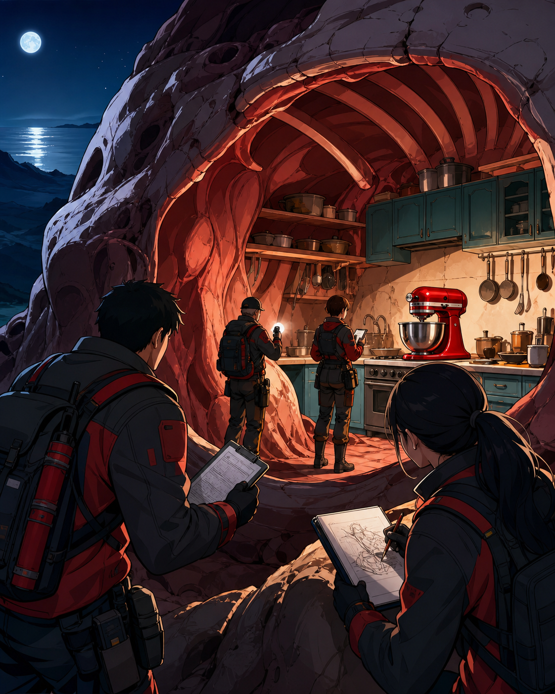 A research team entering a perfectly preserved kitchen inside a buried titan, as a familiar artifact appears in an impossible historical context. Wide site view showing the relationship between researchers and discovery.
