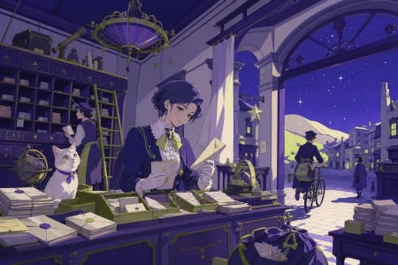 A postal clerk sorting letters addressed to their senders ten years from now, during a minor complication solved through practical skill rather than spectacle. Wide neighborhood vi