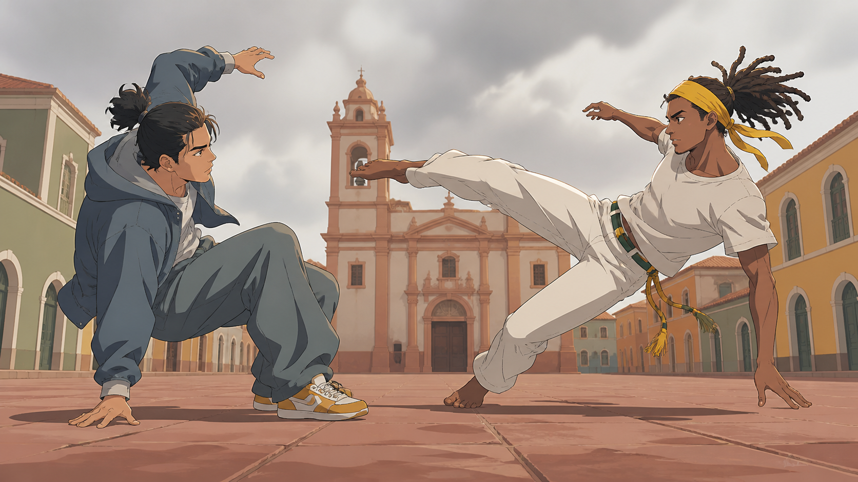 A street dancer and a capoeira fighter improvising a friendly duel, at the clearest instant before a controlled strike lands. Symmetrical pre-duel composition broken by one sudden gesture. Clay red, sage, faded denim, an