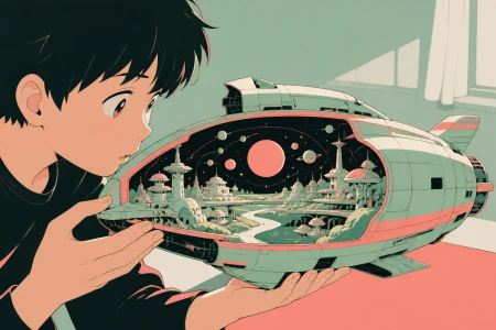 A child's model spaceship containing a real inhabited star system, as one person discovers the object's impossible interior. Split-scale composition balancing a human figure and in