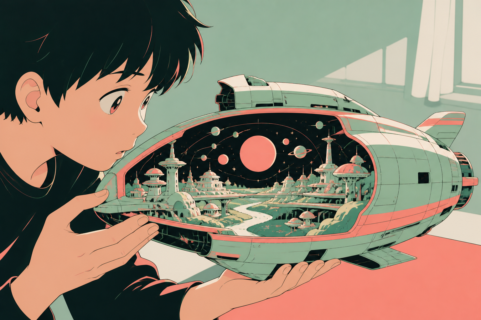 A child's model spaceship containing a real inhabited star system, as one person discovers the object's impossible interior. Split-scale composition balancing a human figure and inner civilization. Celadon, coral pink, i