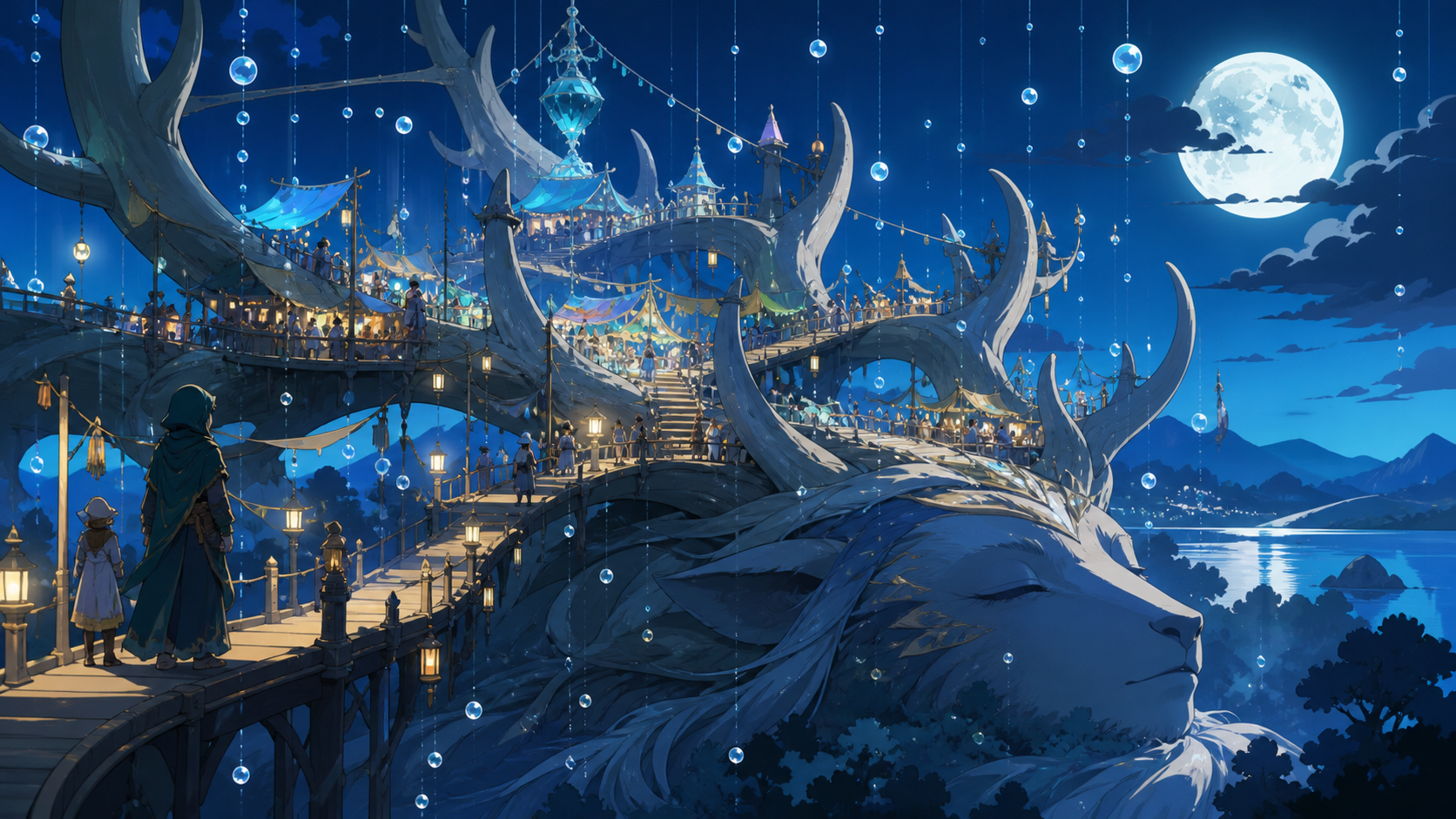 A moonlit market built across the antlers of a sleeping forest god, during gentle rainfall that turns into floating glass beads. Epic establishing shot with a clear visual path into the world. Ultramarine, bioluminescent