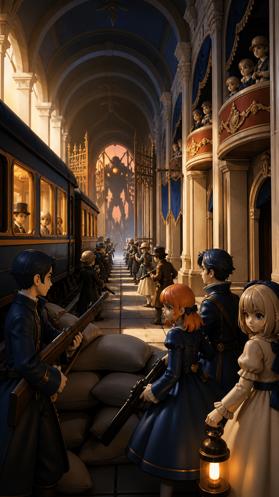 A night train arriving with passengers from a town erased decades ago, during a desperate night defense against an intelligent enemy. Deep corridor perspective with the threat visible at the far end. Cobalt, persimmon or