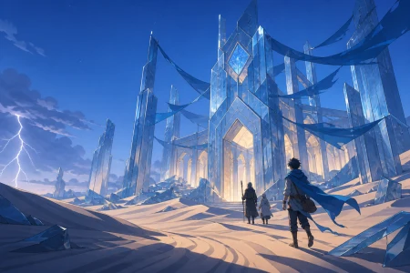 A glass ruin emerging from dunes after a rare electric storm, seen in the blue hour when heat gives way to starlight. Low desert viewpoint using foreground wind patterns to lead to