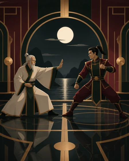 An elderly master testing a confident tournament champion, in a calm location whose stillness contrasts with precise movement. Symmetrical pre-duel composition broken by one sudden