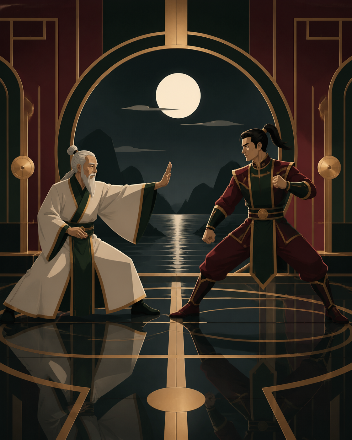 An elderly master testing a confident tournament champion, in a calm location whose stillness contrasts with precise movement. Symmetrical pre-duel composition broken by one sudden gesture. Burgundy, midnight green, bone