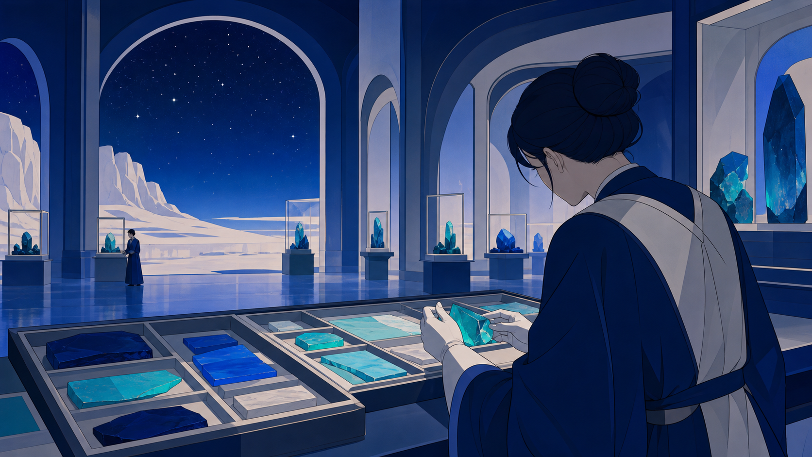 A curator preparing an exhibition of colors that no longer exist outdoors, seen as a place of wonder and scholarship rather than danger. Over-the-shoulder conservation view revealing several gallery depths. Ultramarine, 