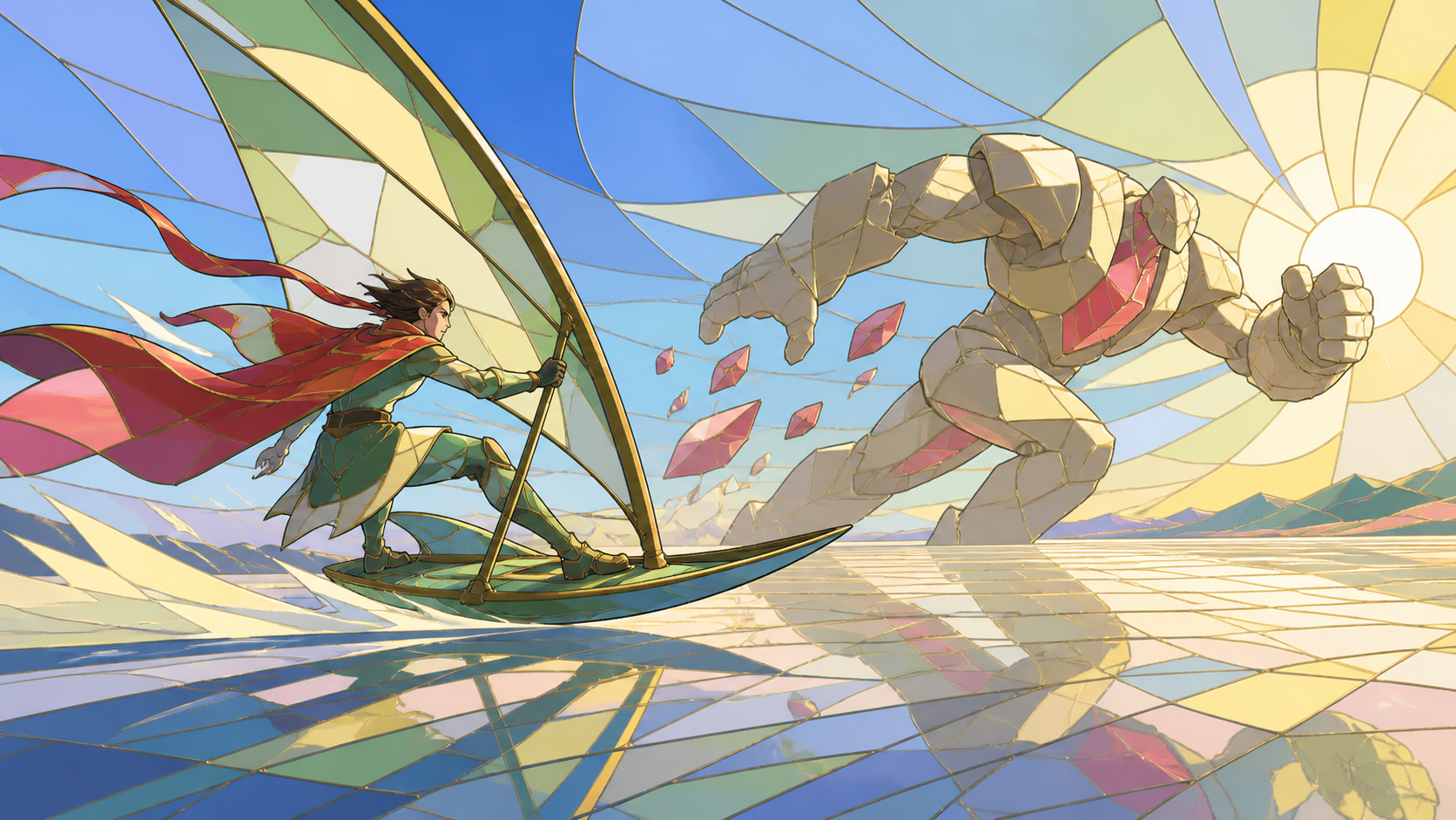 An adult wind rider racing a sand golem across an open salt plain, shown through skillful movement and environmental interaction. Wide action frame with a single unmistakable movement direction. Soft pistachio, butter ye