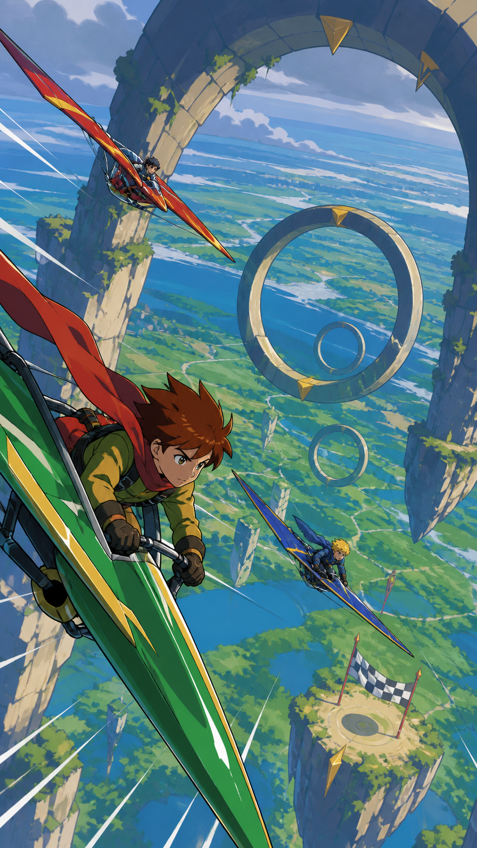 Teen pilots racing lightweight gliders between floating stone arches, above a broad landscape with the finish line clearly visible. Vertical dive composition emphasizing altitude and route choice. Emerald, stained-glass 