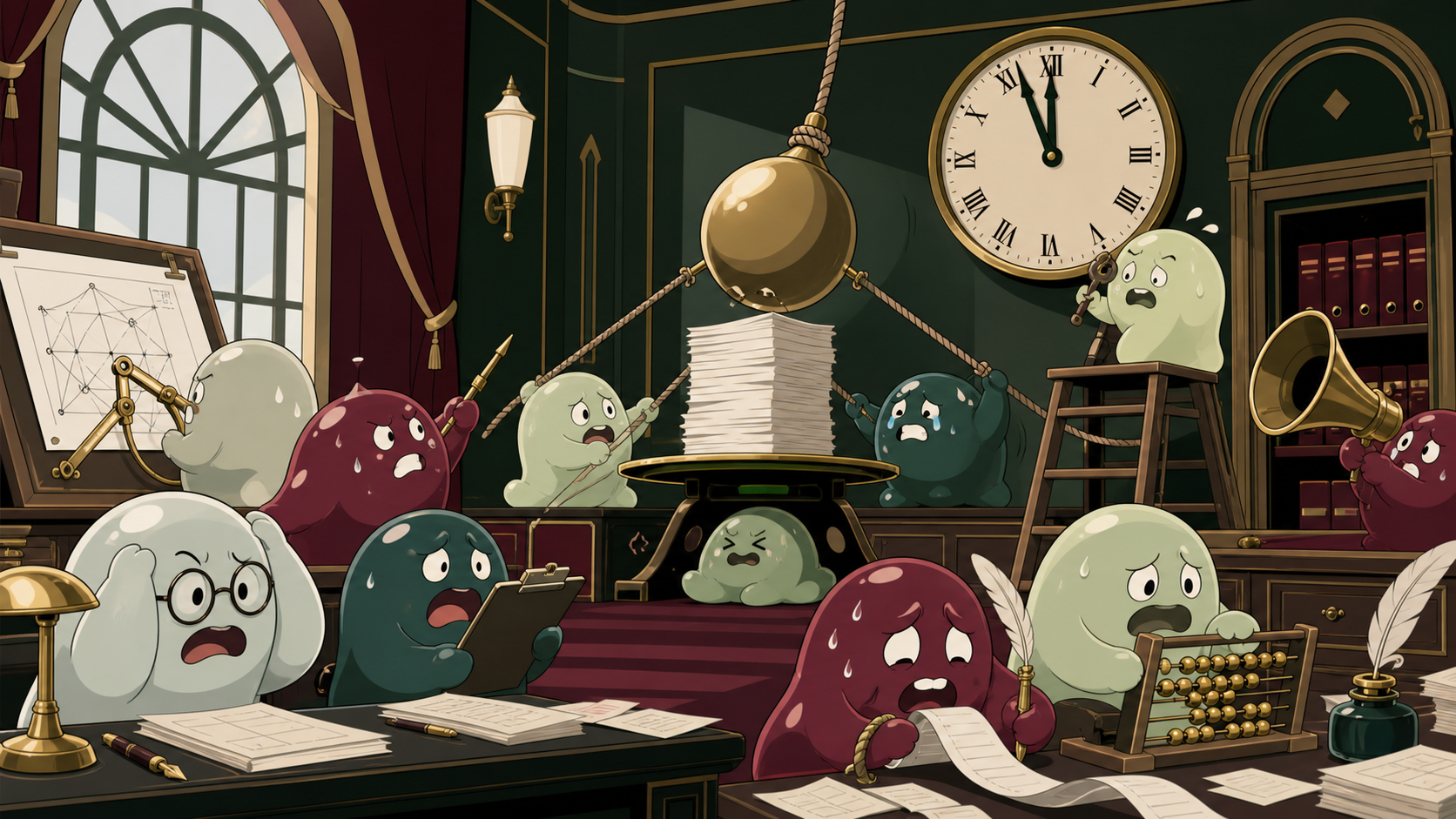 An office staffed by anxious slimes trying to meet an impossible deadline, caught immediately before their elaborate plan obviously fails. Ensemble comedy tableau with several connected visual jokes. Burgundy, midnight g