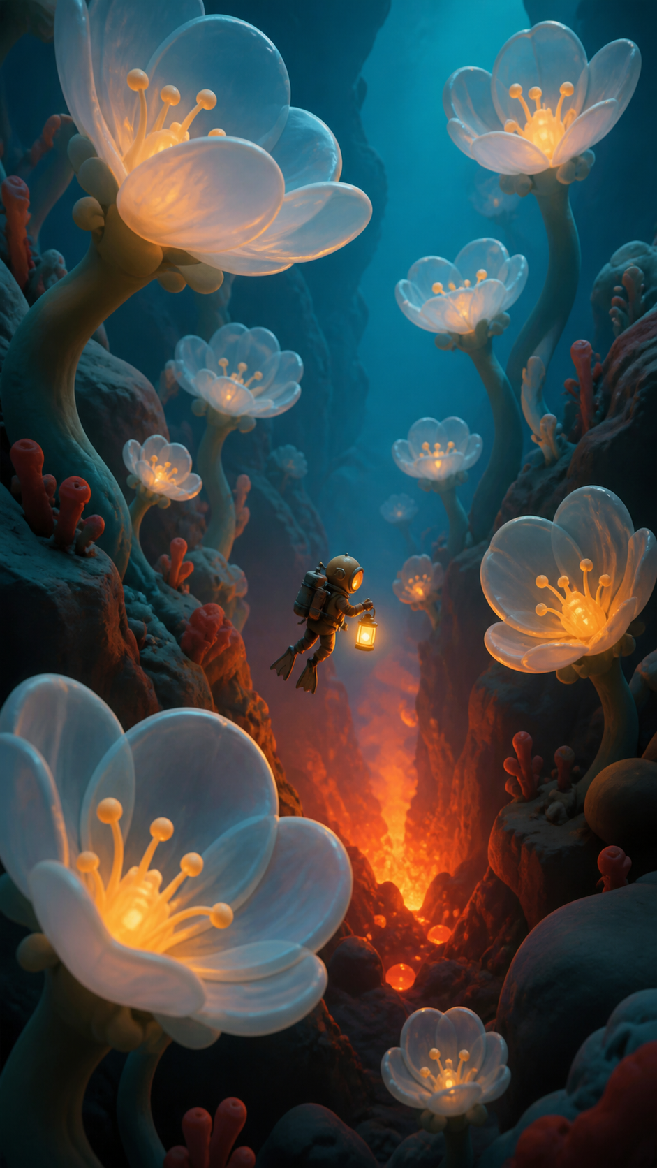 A garden of enormous translucent flowers growing around a warm volcanic vent, explored by a single tiny diver with a warm lantern. Vertical descent composition with a tiny explorer providing scale. Petrol blue, oxide red